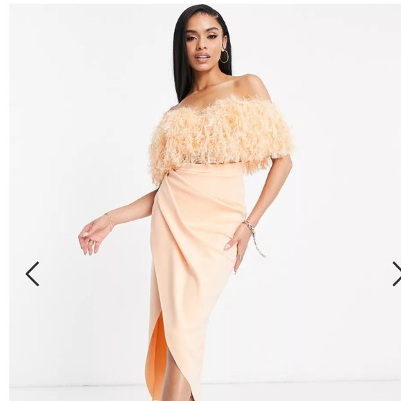 ASOS DESIGN off shoulder pencil wrap tuck feather midi dress in peach - M/Size 8 - Picture 1 of 5